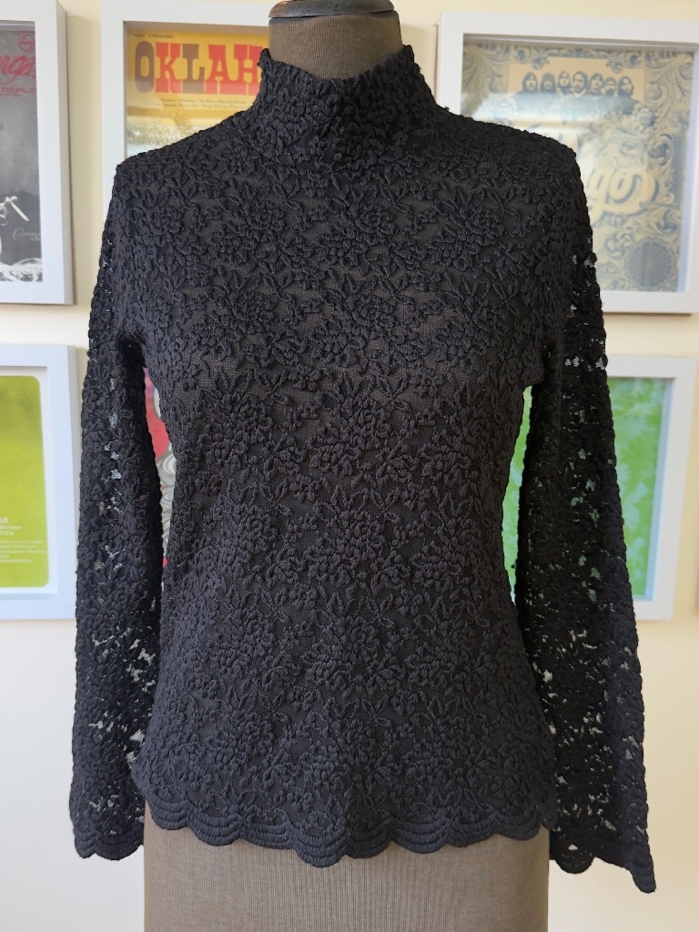 Vintage 90s Black Floral Lace Mock Neck Top | Sheer Long Sleeve | Romantic Goth